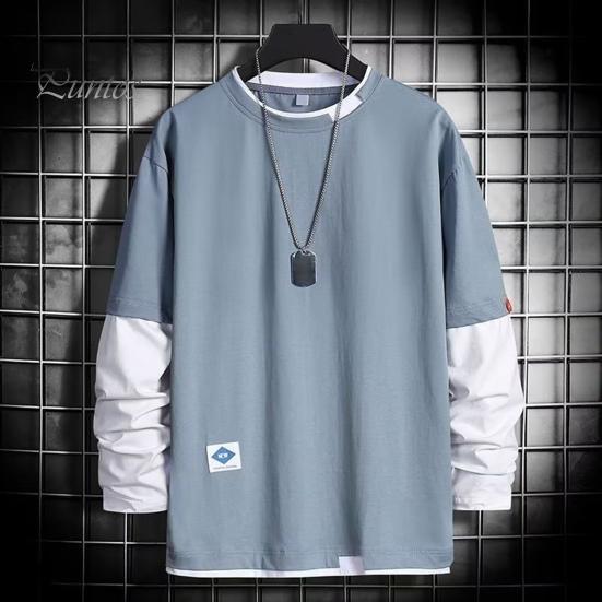Long Sleeves Men Spring T-shirt Fake Two-piece Round Neck Loose Pullover Fall Top Keep Warm Contrast Color Friendly to Skin Clothes