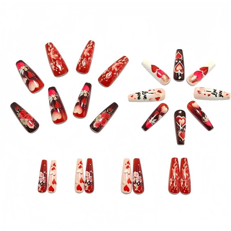 Long Ballet Nails Red Love Rose Valentine's Day Fake Nails Light Pink Fairy Ins Style European And American Nails