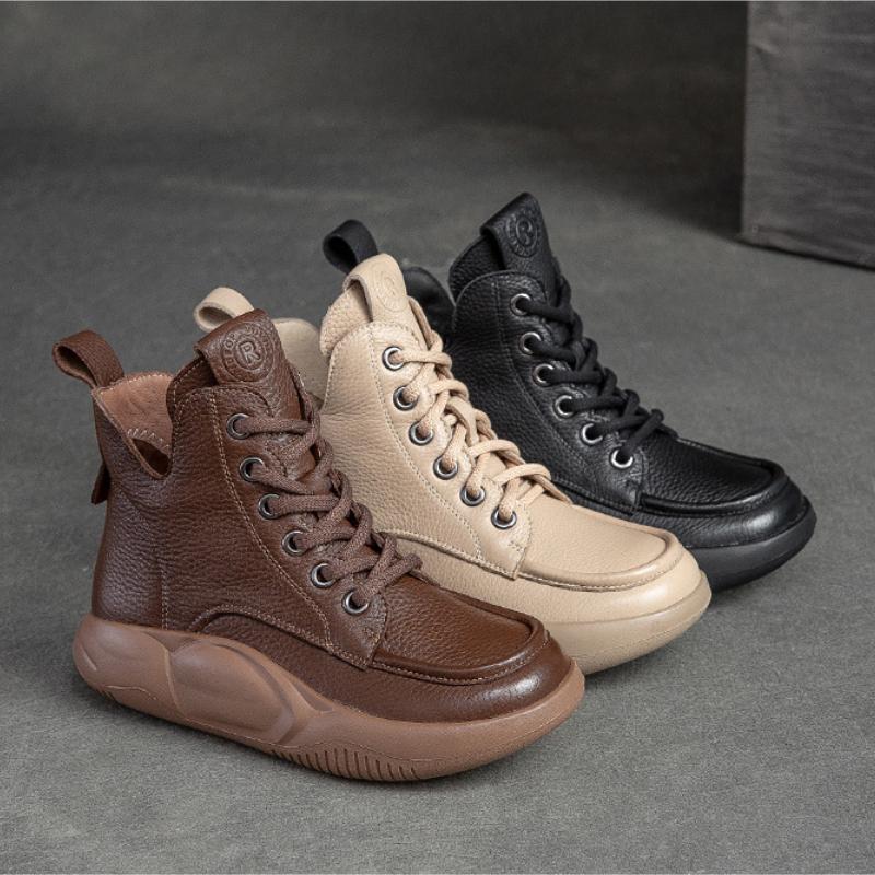 Johnature Женские ботинки из натуральной кожи, зимняя женская обувь на шнуровке с круглым носком, ботильоны ручной работы в стиле ретро с шитьем