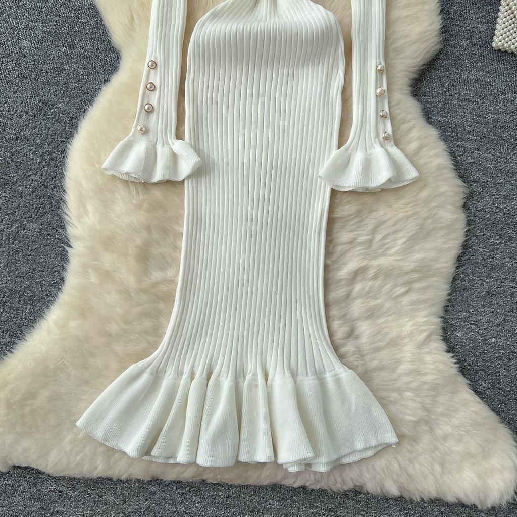 Весна Осень Женский Сладкий Вязаный Свитер с Воротником Питер Пэн Длинные Миди Приталенные Платья Русалки