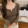 Spice Girl Sexy U-Neck Button Half Open Neck T-Shirt Women's Spring Slim Skinny Shoulder Long Sleeve Top Bottom