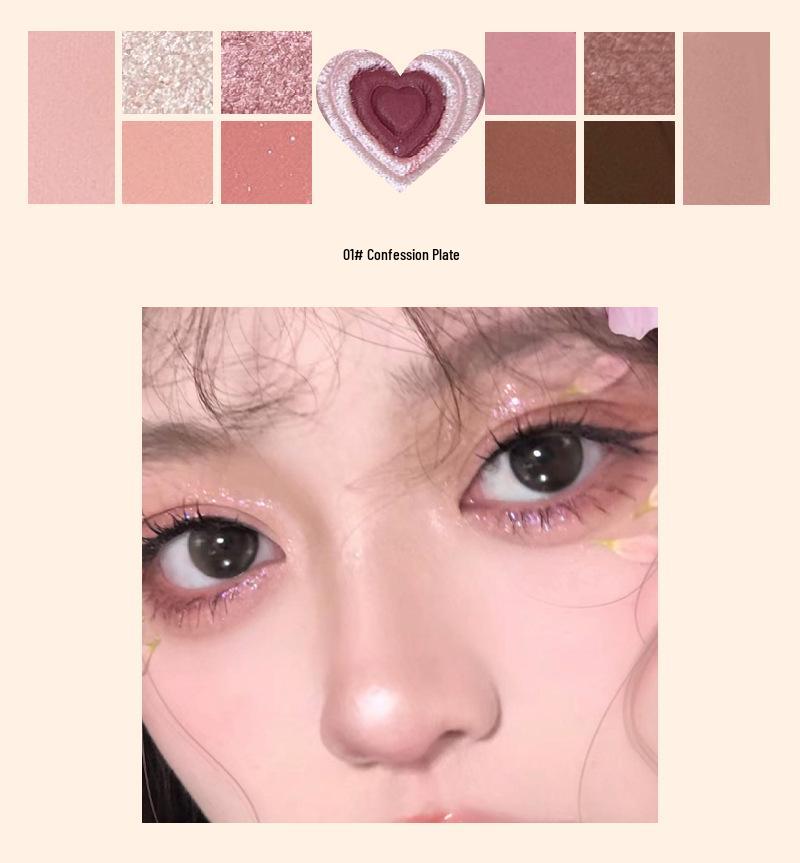 Heartbeat Twelve-Color Heart-Shaped Eyeshadow Palette: Pearlescent, Fine Glitter, Matte, Blush, Highlighter for Enhanced Complexion.