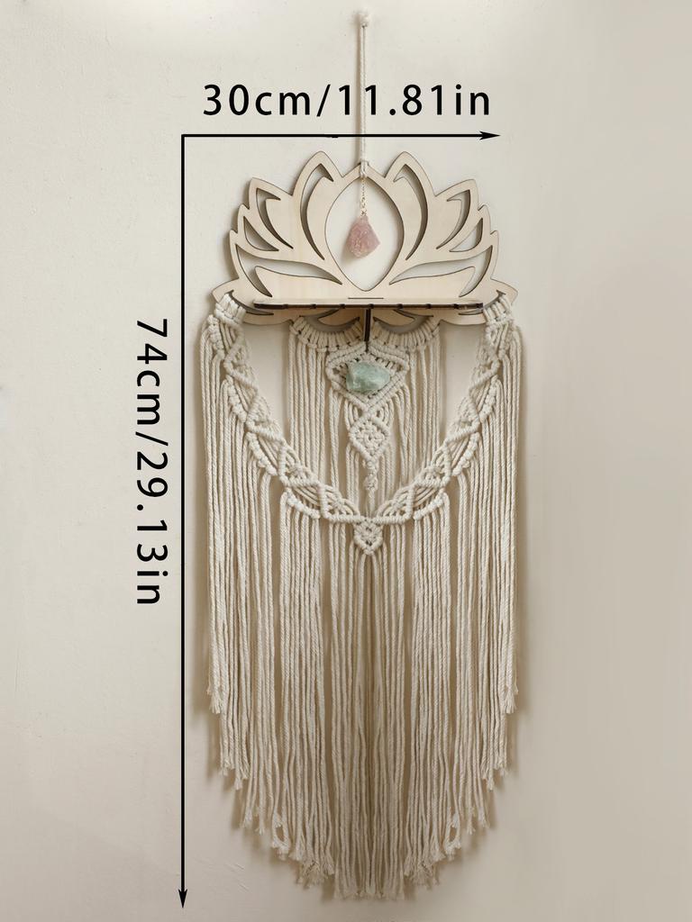 Handwoven Tapestry Art Lotus Macrame Wall Hanging Woven Crystal Shelf Black Wooden Wall Shelves Boho Floating Wall Shelf Gifts