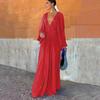 Women Evening Dress Deep V Neck Pleated Long Sleeves Solid Color High Waist Vacation Beach Party Maxi Dress Prom Long Dress