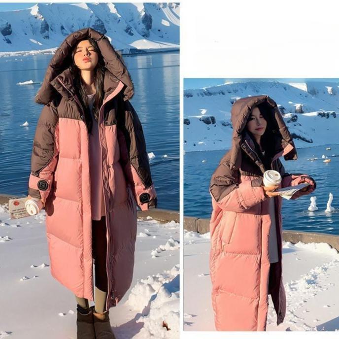 Over The Knee Puffer Jacket Patchwork Parkas Hooded Cotton-padded Jacket Winter Women Clothing Warm Thickened Windproof Coats