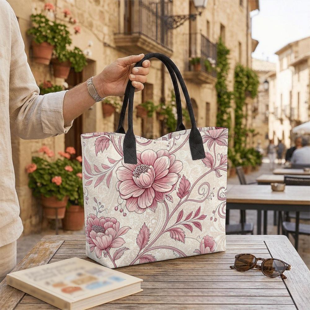 Pink Floral Tote Bag Large Capacity Reusable Fashion Shopping Handbag for Daily Use