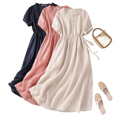 Реальное фото Лето Новое Хлопок и Лен Литературный Повседневный Простой Однотонный Легкий и Тонкий Платье Миди Женское