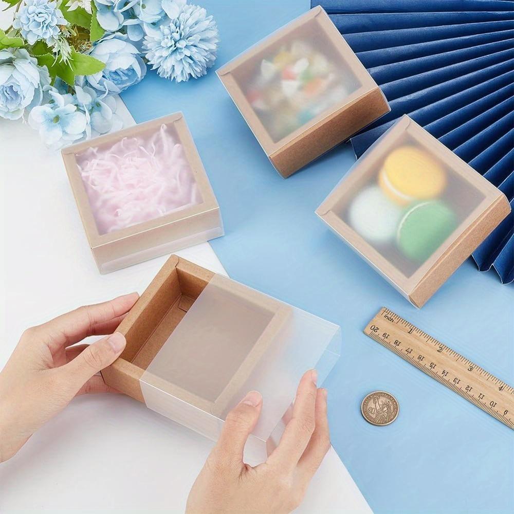 10sets Kraft Paper Gift Boxes Square Brown Drawer Boxes with PVC Windows Cover for Party Favor Treats Bakery Jewelry Proposal Gift Packaging