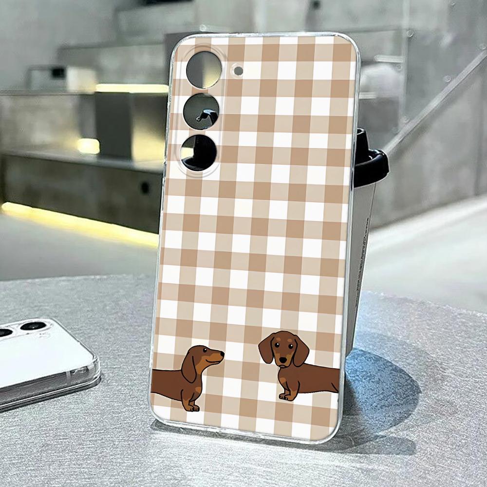 Anti-Fingerprint White-Brown Plaid Dachshund Phone Case For Samsung S20 Plus S21 S22 S23 S24 A14 M53 5G M23 5G Tpu Funda