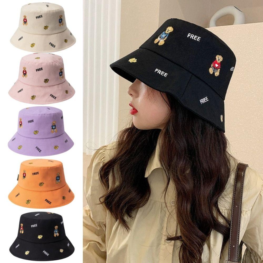 Bear Print Fisherman Hat Little Bear Flat Top Cap Cartoon Sun Caps Women