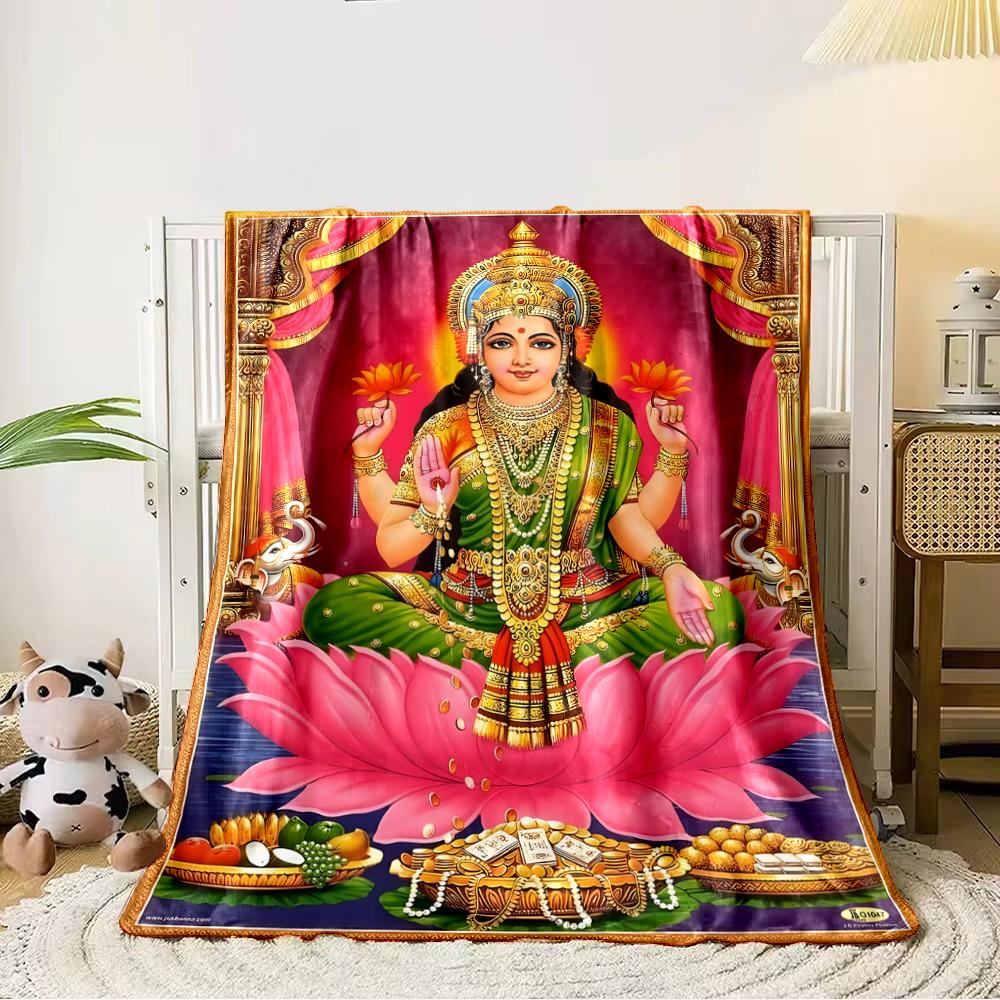 Hindu Goddess Lakshmi on Lotus Blanket PrintFlannel blanket for bedroom, living room, sofa, and nap