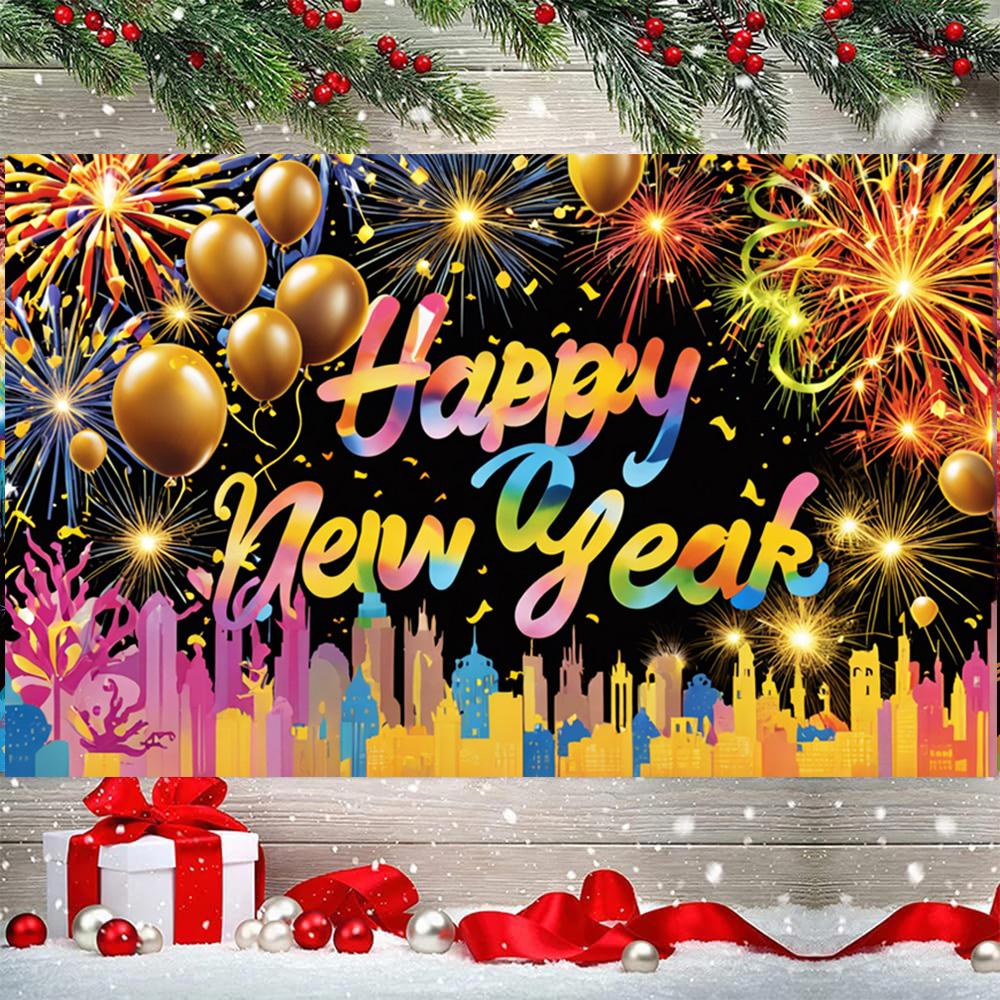 2025 Новогодняя вечеринка Фон Ткань Красочный городской фейерверк Баннер Главная 2025 Новогодняя вечеринка Украшение Баннер Подвесная ткань