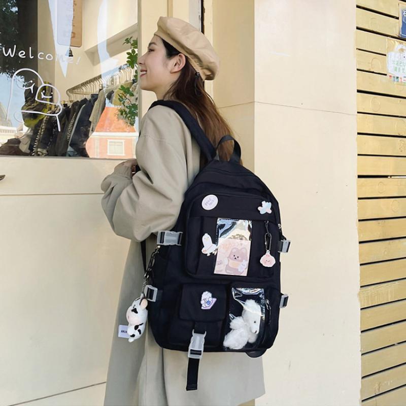 Girls Backpack Cute School Bags for Student Teens Girls Pockets Women Laptop Backpack Harajuku Pendant Backpack Cartoon Cute Badge Bear Bag