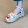 Sheepskin version~ Straw word with platform sandals women's new retro round head hollow high heel French woven women's shoes