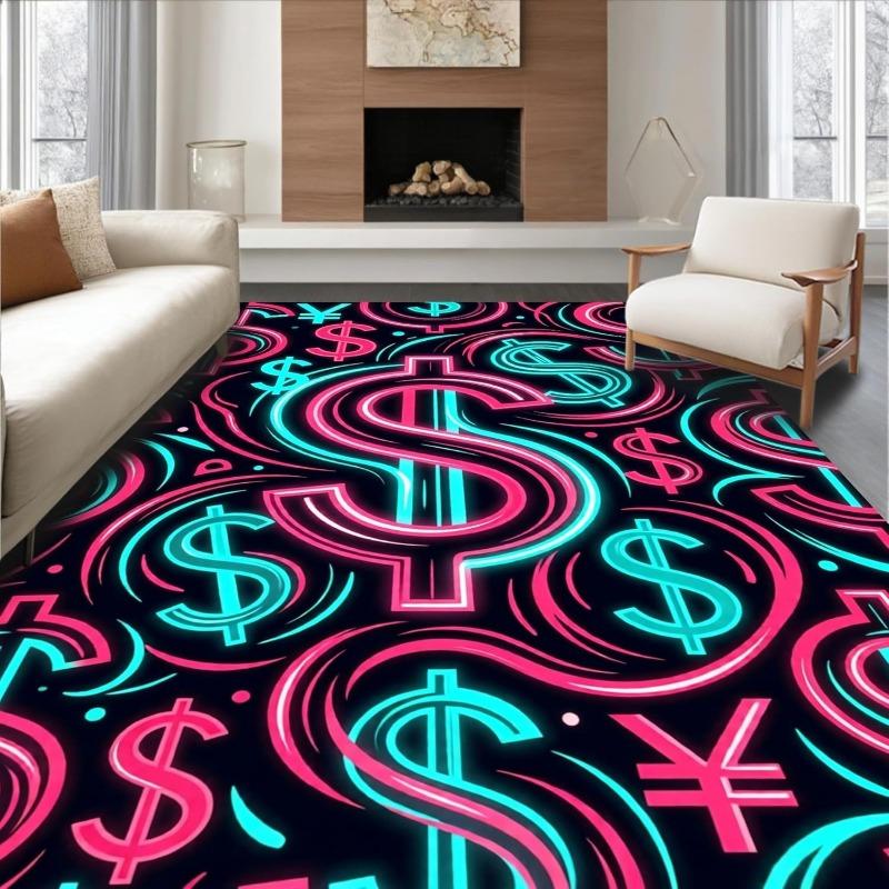 Neon Dollar Sign Area Rug Retro 80s Money Symbol Non-Slip Floor Mat Funky Currency Pattern Decor Carpet for Game Room