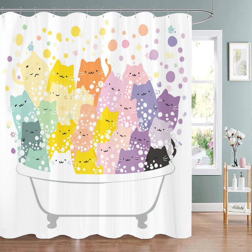 Cute Bathing Cats Art Cartoon Shower Curtain, Bathroom Decorative Shower Curtain, Waterproof Shower Curtain With Hooks
