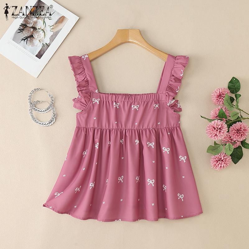 ZANZEA Женские повседневные летние майки без рукавов с квадратным вырезом и принтом бантов