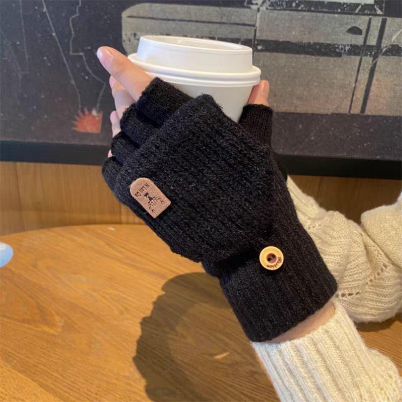 Зимние новые вязаные термоперчатки без пальцев мужские уличные ветрозащитные откидные плюшевые студенческие для письма