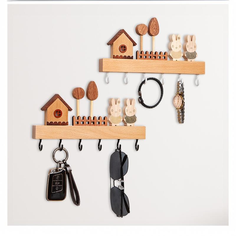 Modern Solid Wood Key Hook Rack Punch Free Wall Mount Holds Keys Coats Bags for Entryway Living Room Decor
