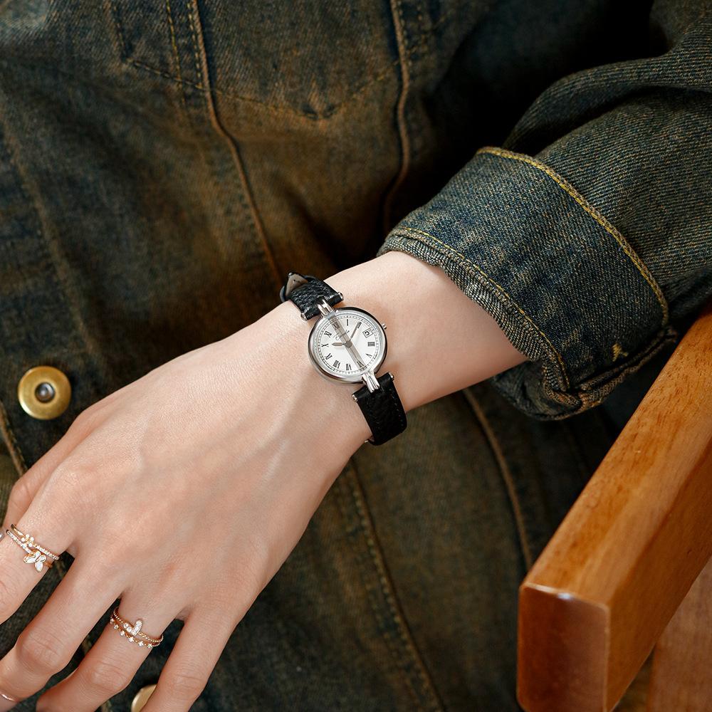 Легкие роскошные новые модные деловые простые женские часы с римским круглым циферблатом и календарем в стиле ретро с кварцевыми часами
