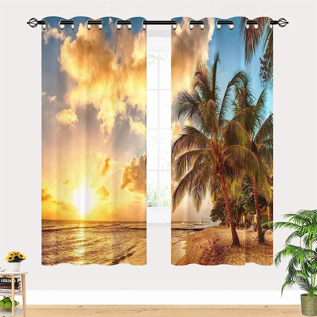 Summer Beach Starfish Sea Natural Sky Tree View Window Curtain For Living Room Kids Bedroom Bathroom Kicthen Door Home Decor2Pcs