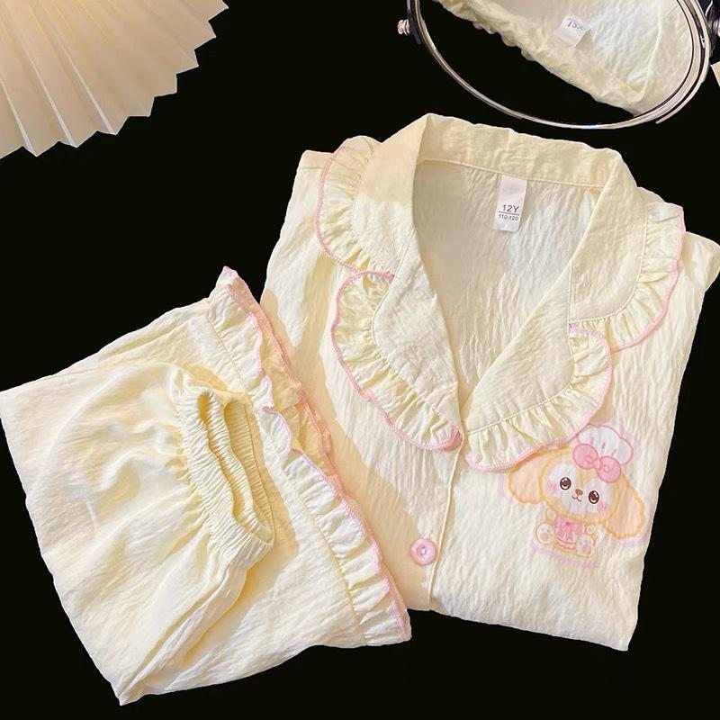 Summer new solid color butter cake pajamas women's short-sleeved shorts lace two-piece set soft cute loungewear