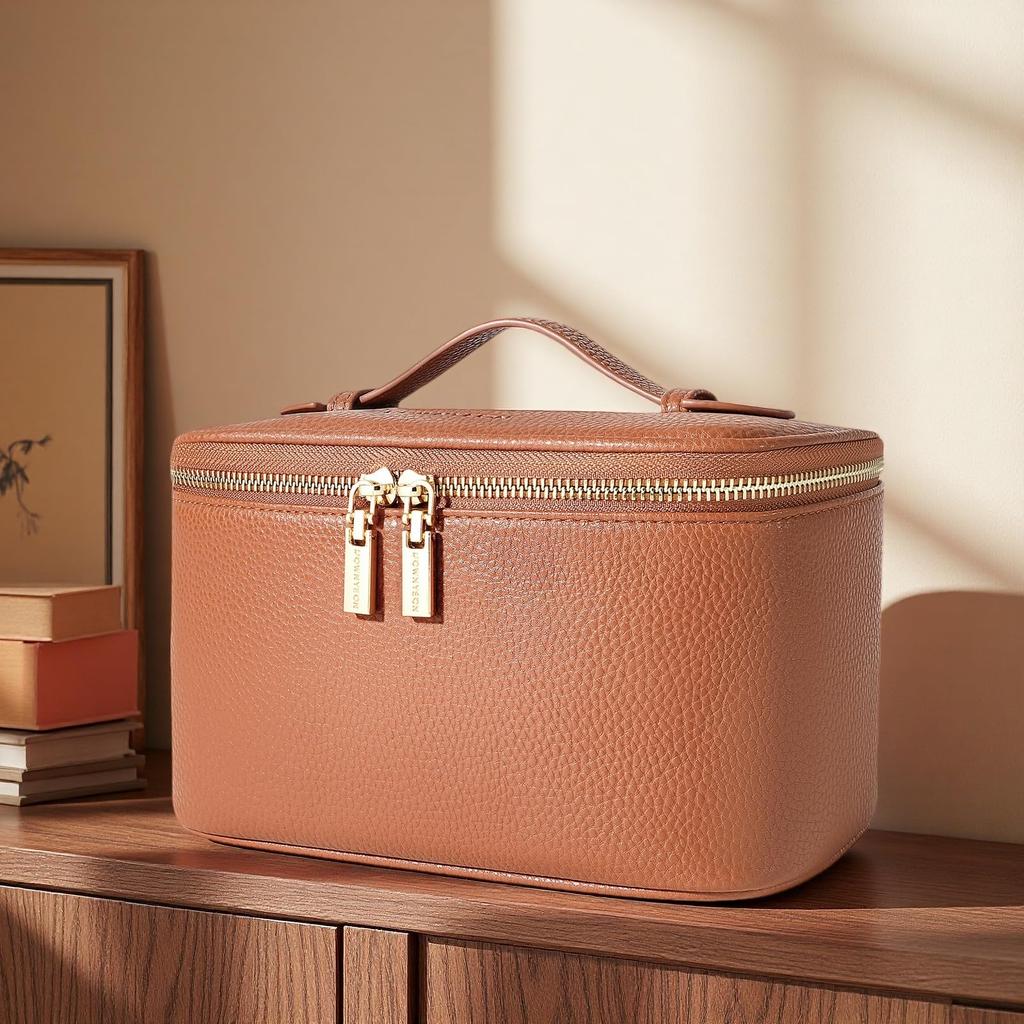 Rownyeon Makeup Large Cosmetic Pouch with Brush Vanity Cushion Travel Brown Pouch, Capacity, Pocket, Pouch, Pouch, Pouch, Waterproof, Lightweight,