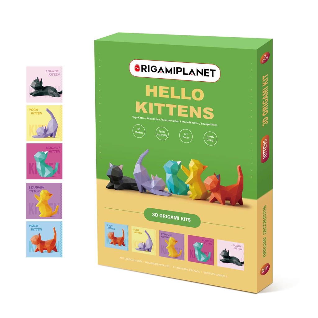 ORIGAMIPLANET Hello Kittens 3D Origami Paper Craft Gift Set 3D Cute Cat Origami Animal Paper Sculptures for Teens Adults Perfect DIY Art Gift for and