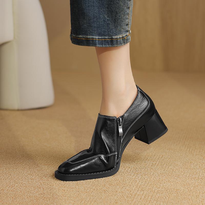 2024 Новейшие женские туфли-лодочки на толстом каблуке с квадратным носком, женские туфли для зрелых женщин из натуральной кожи, весна-лето, базовые офисные женские туфли для работы