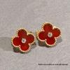 High-Version 18K Rose Gold Earrings: Four-Leaf Clover with White Mother-of-Pearl & Red Agate - Fashionable, Luxurious, INS Style.