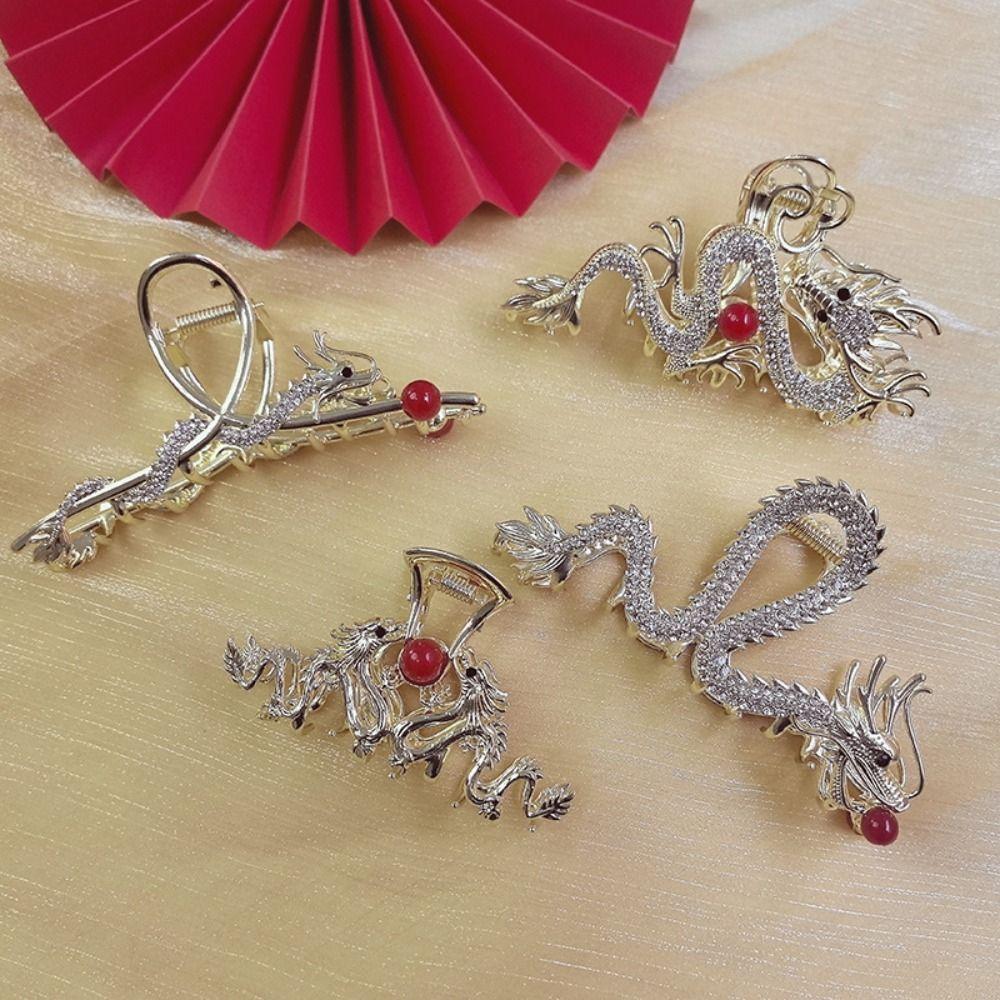 New Year Headwear Animal Hair Clip Red Rhinestone Shark Clip Zodiac Dragon Hair Claw  Daily