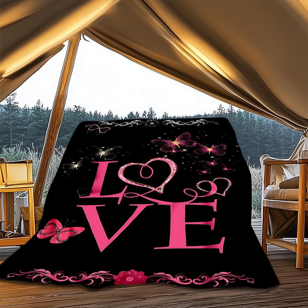 1pc Butterfly Love Outdoor Flannel Blanket Soft All Season Polyester Throw , Perfect for Picnics & Travel , Picnic Accessory