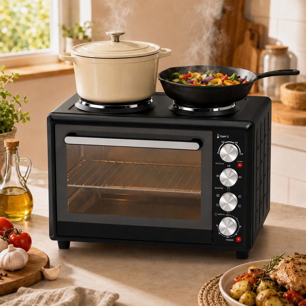 36L Mini Oven with 2 Hot Plates, Electric Countertop Oven with Convection, 90–230 degrees C