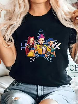 Женская аниме футболка чиби манга Милая футболка в стиле чиби Неоновые текстовые персонажи Свободный крой Круглый вырез Повседневная футболка для повседневного наряда