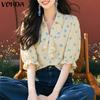 Женская летняя блузка с лацканами, V-образным вырезом, рукавами-буфами длиной до локтя, оборками и принтом, в повседневном стиле
