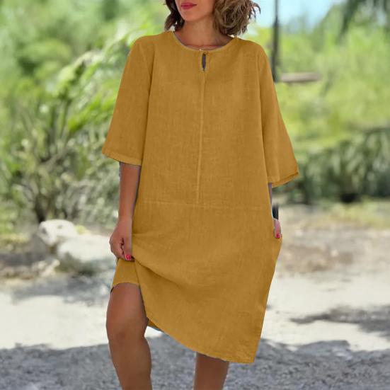 Женское свободное платье-рубашка из хлопка и льна, повседневное платье миди с рукавом 1/2 и круглым вырезом, летний пляжный сарафан для отдыха