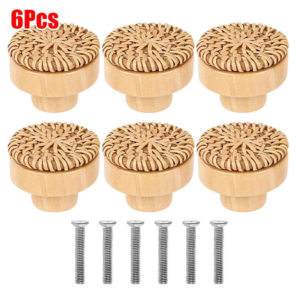2/4/6/8Pcs Round Rattan Drawer Knobs Solid Wood Door Pulls  Furniture Hardware Accessories
