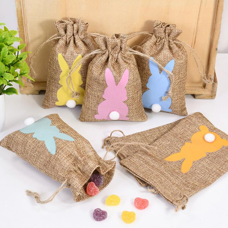6pcs Easter Burlap Candy Bags Cute Bunny Linen Treat Gift Bags Kids Happy Easter Party Decoration Cookie Snack Packing Supplies