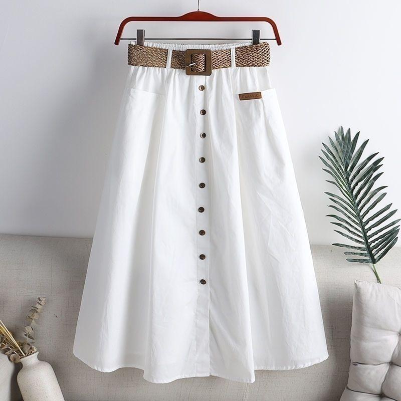 Women Summer Casual Solid Color Long Skirts High Waist A -Line Skirt Gift Belt