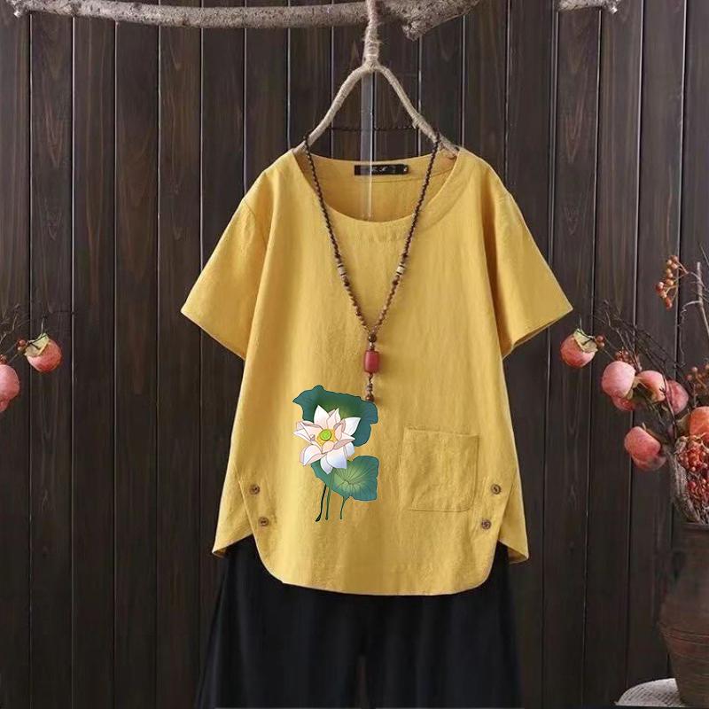 New Lotus Print V-neck Cotton Hemp T-shirt for Women - 2025 Summer European & American Style