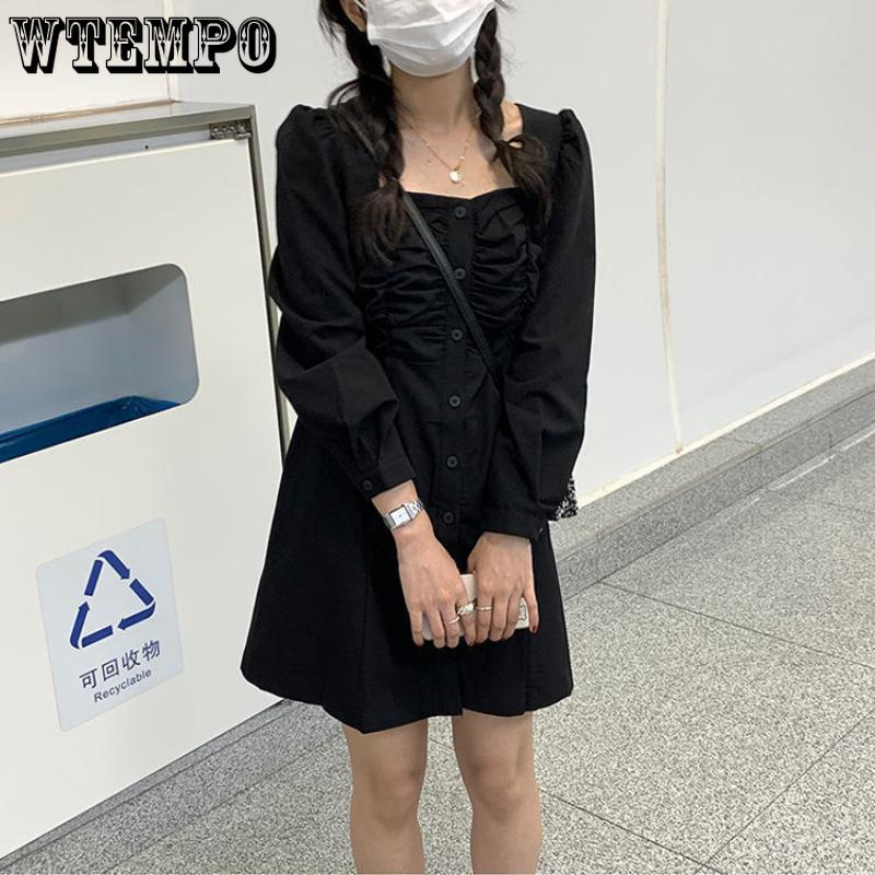 Женский темперамент ретро платье с квадратным воротником плиссированное однобортное корейское платье-костюм А-силуэта с длинными рукавами