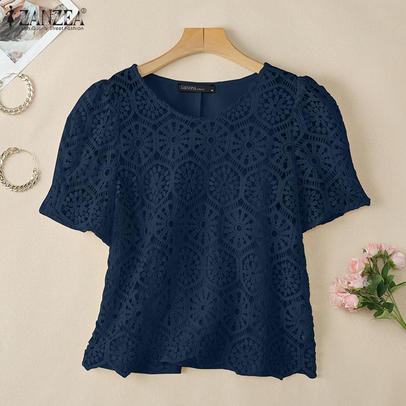 ZANZEA Женская повседневная кружевная блузка в стиле пэчворк с коротким рукавом на лето