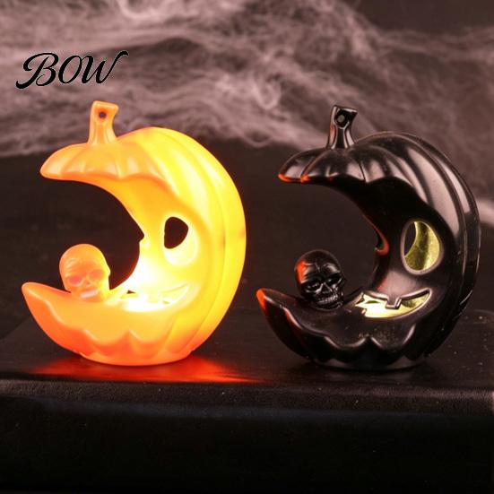 Lightweight Plastic Ornament LED Light-Up Halloween Pumpkin Moon Figurine, Spooky Face Crescent Desktop Prop for Home Skull Night Light Shelf