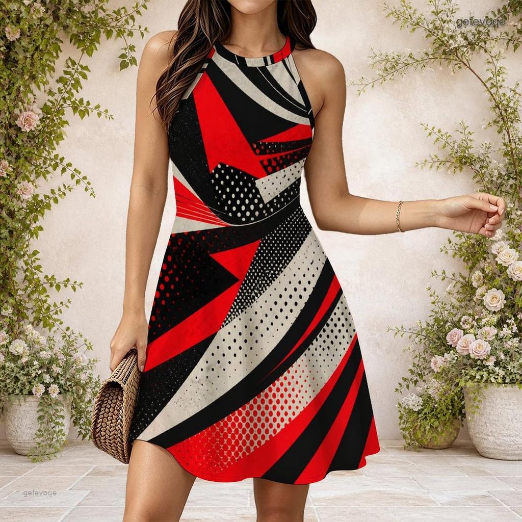 Women Plus Size High Round Neck Sleeveless Patchwork Printed Flared Tank Dress