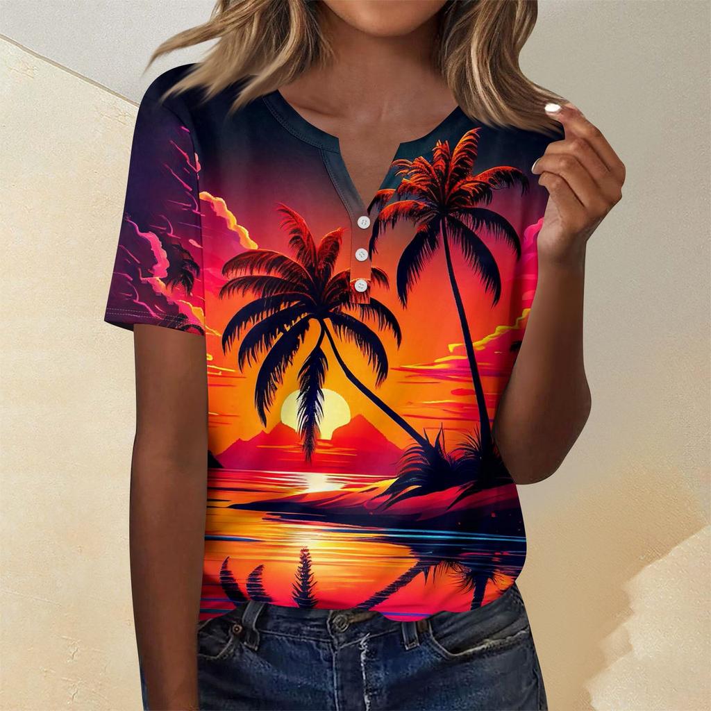 Женская мода повседневный короткий рукав цветочный принт топ