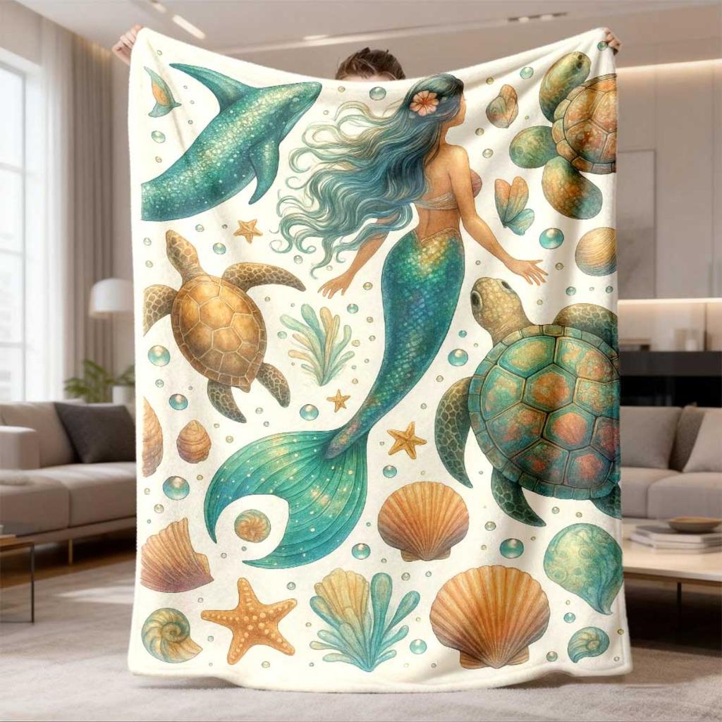 Mermaid Ocean Sea Life Blanket Throw Fleece Decoration Beach Mermaid Decor Soft Cozy Throw 150x200cm Living Room Art