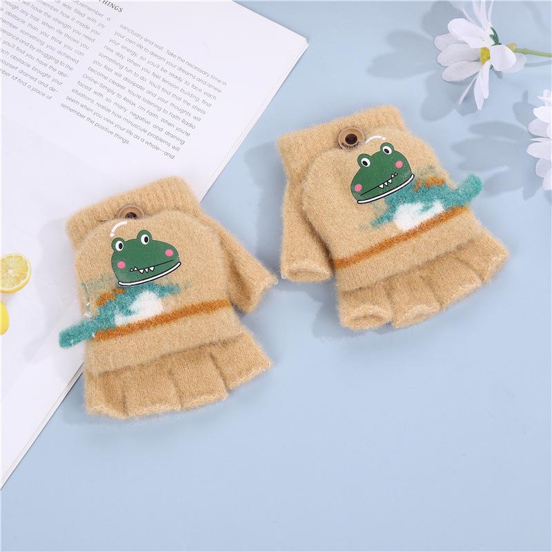 Детские шерстяные варежки-митенки с динозаврами - Теплые, с открытыми пальцами, для малышей