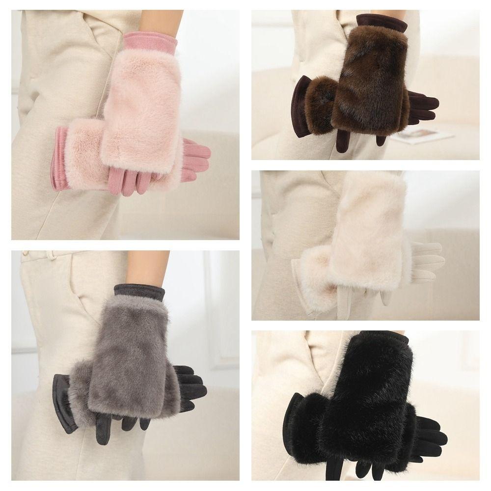 Solid Color Suede Gloves Rabbit Faux Fur Thermal Mittens Fashion Women Winter Gloves  Ladies