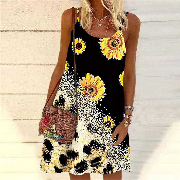 Женское мини-платье с цветочным леопардовым принтом, вечернее платье без рукавов, летнее пляжное платье, сарафан