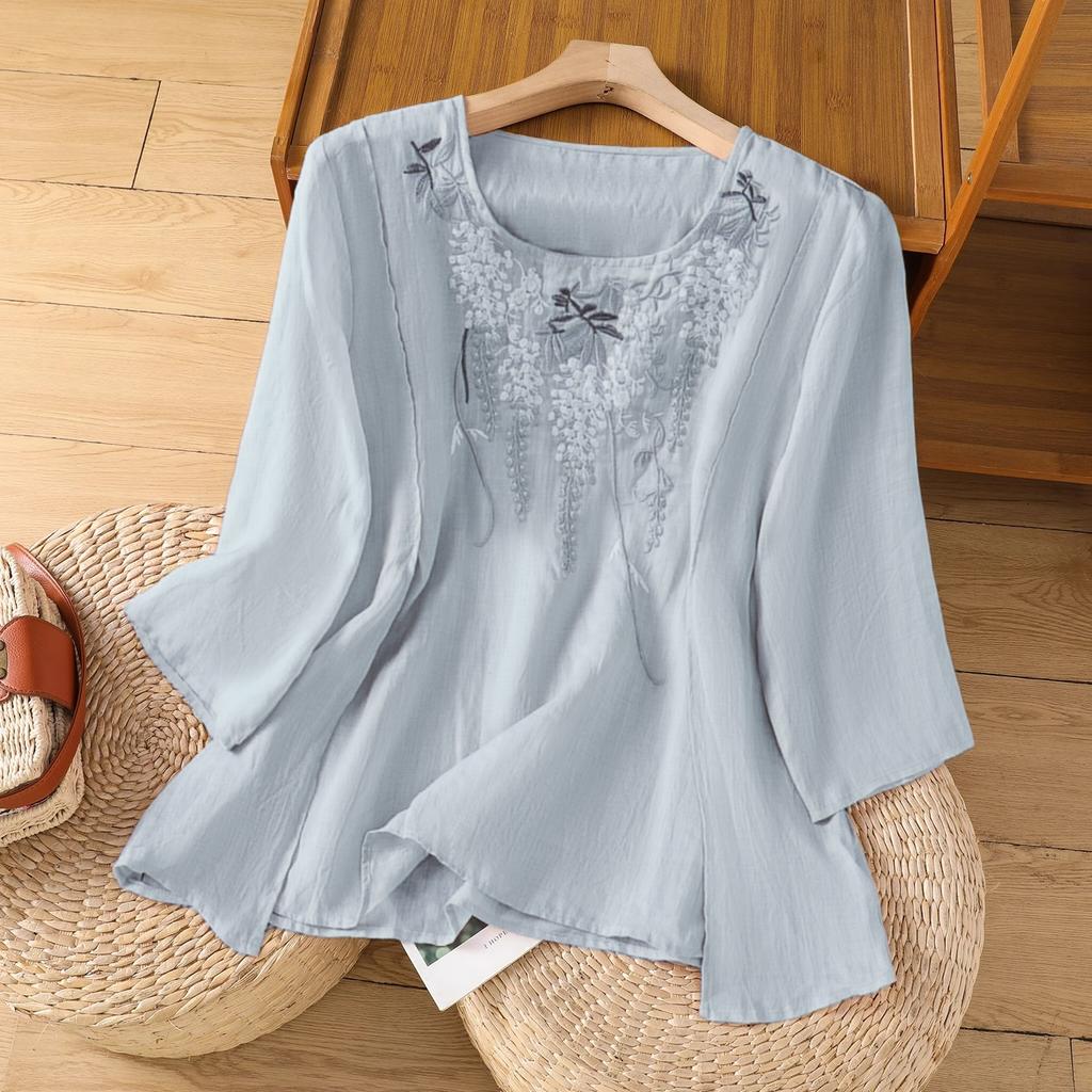 Ретро футболка с круглым вырезом из хлопка и льна с вышивкой для женщин на лето Новая свободная и элегантная темпераментная футболка с рукавом пять четвертей